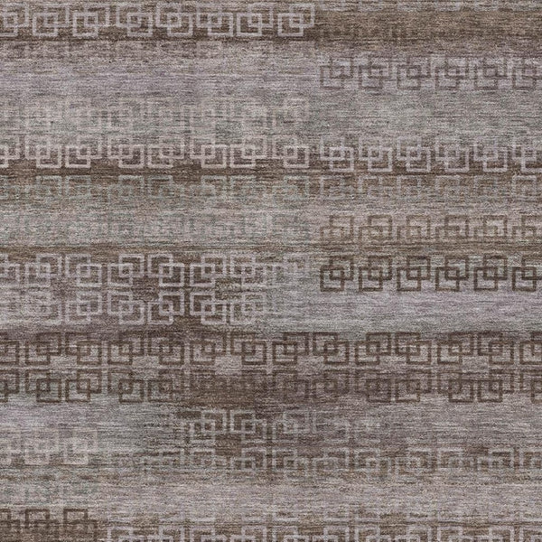 HomeRoots 8' Chocolate and Gray Striped Round Rug - Washable, UV-Protected, Stain-Resistant for Family Spaces 715078