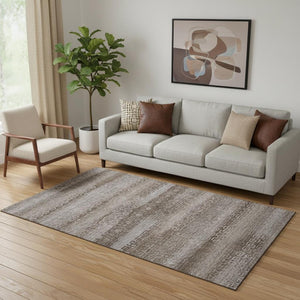 HomeRoots 8' Chocolate and Gray Striped Round Rug - Washable, UV-Protected, Stain-Resistant for Family Spaces 715078