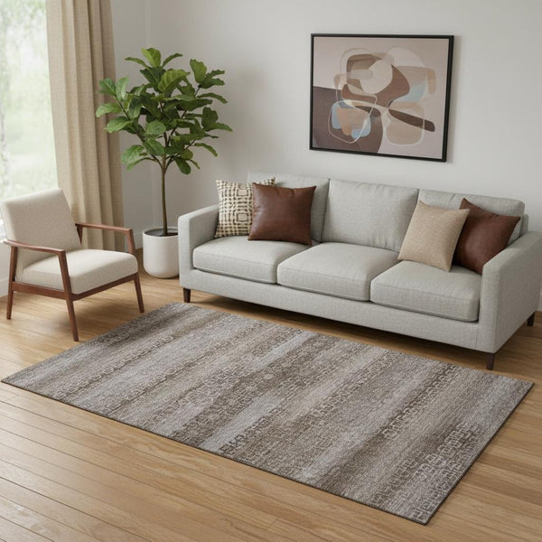 HomeRoots 8' Chocolate and Gray Striped Round Rug - Washable, UV-Protected, Stain-Resistant for Family Spaces 715078