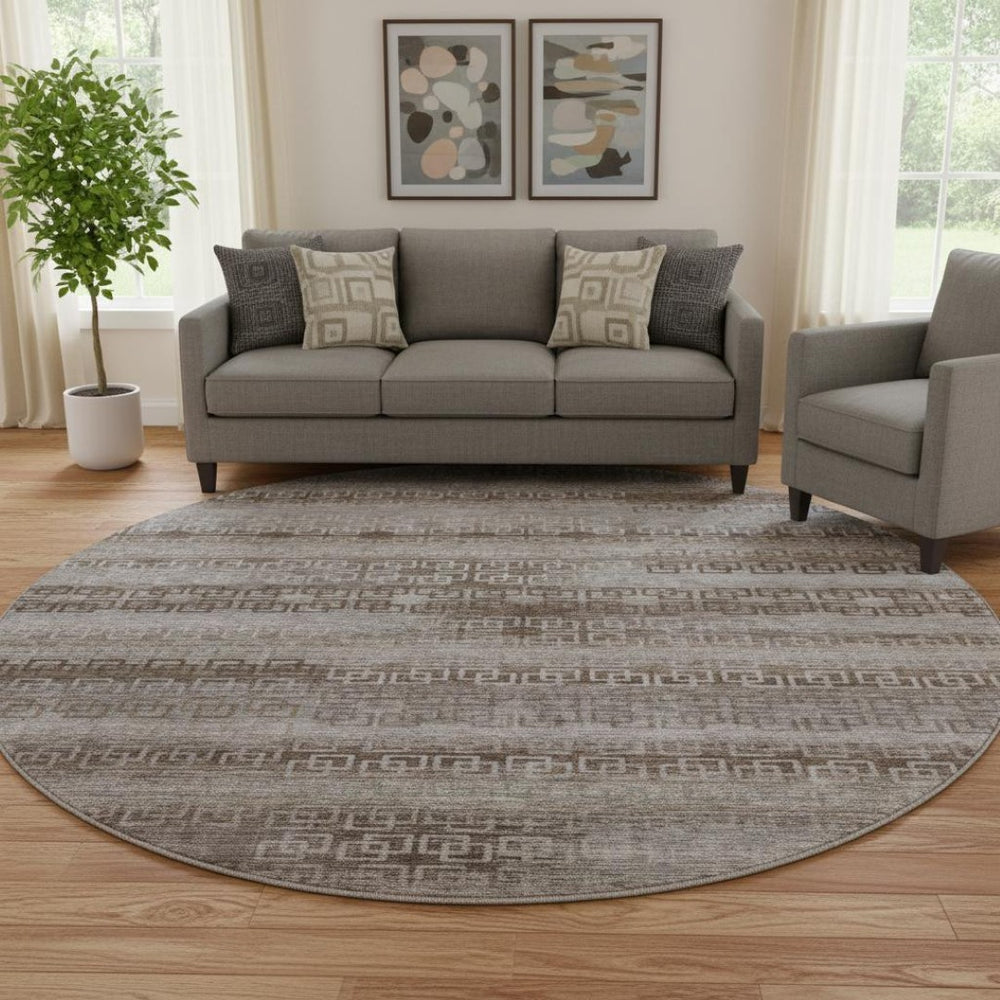 HomeRoots 8' X 10' Washable Chocolate and Gray Striped Area Rug with UV Protection for Stylish Living Spaces 715079