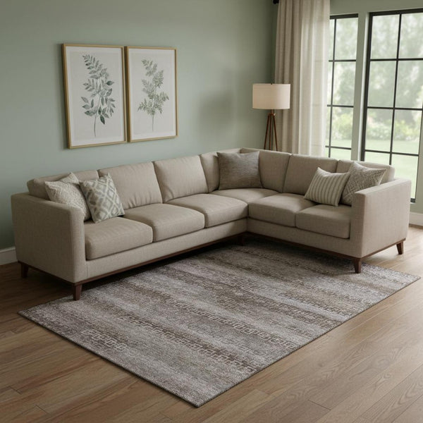 HomeRoots 10' X 14' Chocolate and Gray Striped Area Rug - Washable, UV Protected, Stylish & Durable for Any Space 715081