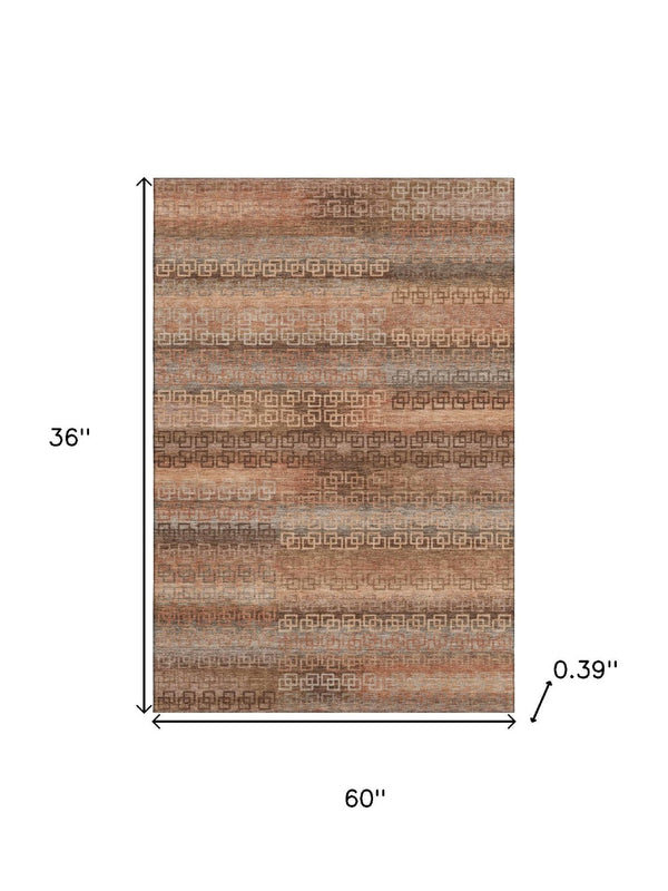 HomeRoots 5' X 8' Stylish Copper & Rust Striped Washable Area Rug with UV Protection for High-Traffic Areas 715083