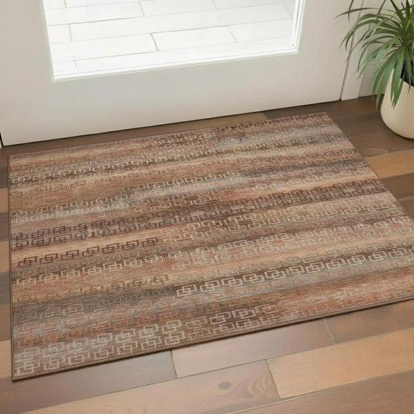 HomeRoots 5' X 8' Stylish Copper & Rust Striped Washable Area Rug with UV Protection for High-Traffic Areas 715083