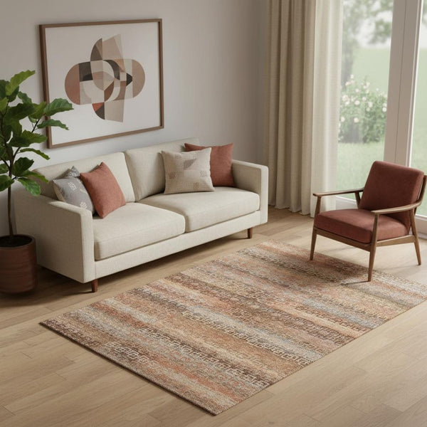HomeRoots 8' Copper and Rust Striped Washable Round Rug - Durable, UV-Protected, Perfect for Any Space! 715084