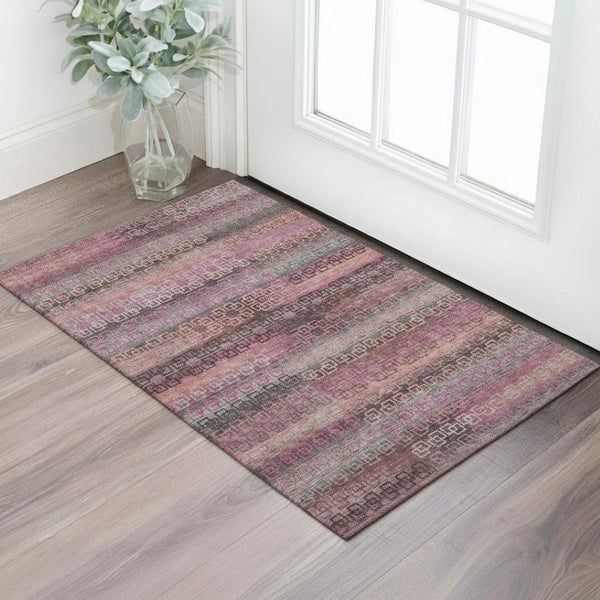 HomeRoots 5' X 8' Pink and Gray Striped Washable Area Rug with UV Protection for Durable, Cozy Living Spaces 715089