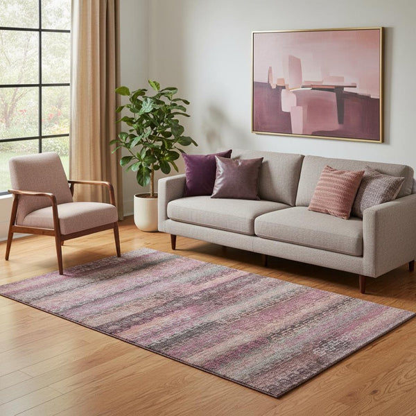 HomeRoots 8' Pink And Gray Striped Washable Round Rug – Durable, UV Protected, Non-Slip for Family Spaces! 715090
