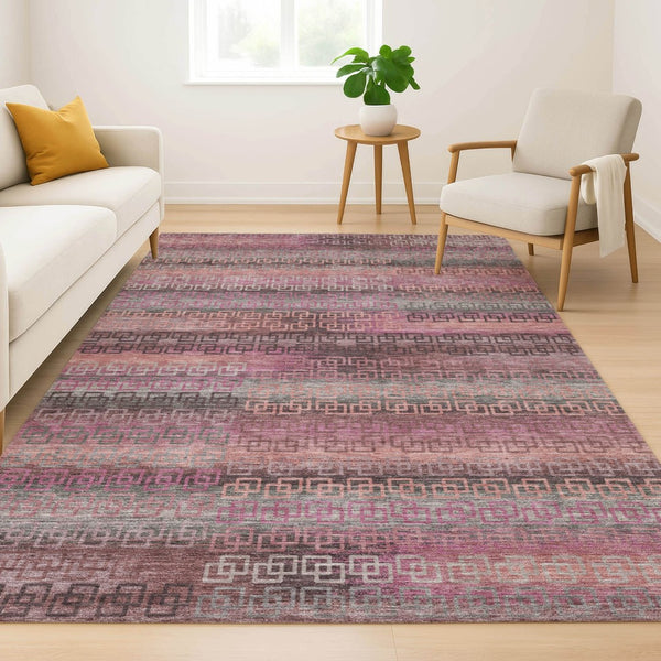 HomeRoots 9' X 12' Pink and Gray Striped Washable Area Rug - Durable, Stain Resistant, UV Protected, Easy Care! 715092