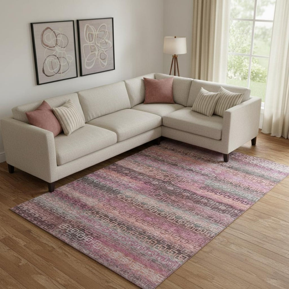 HomeRoots 9' X 12' Pink and Gray Striped Washable Area Rug - Durable, Stain Resistant, UV Protected, Easy Care! 715092