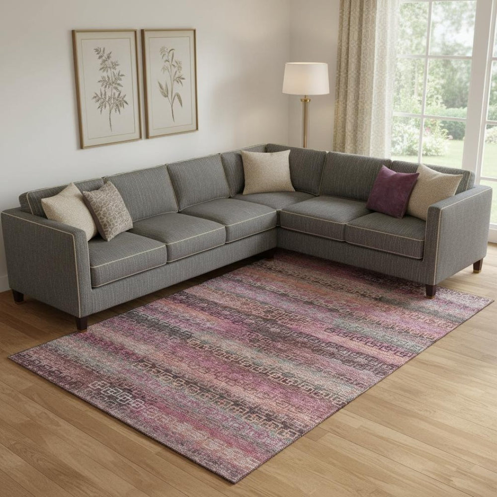 HomeRoots 10' Pink and Gray Striped Washable Area Rug - Durable, UV-Protected, Perfect for Busy Homes! 715093