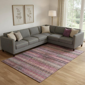 HomeRoots 10' Pink and Gray Striped Washable Area Rug - Durable, UV-Protected, Perfect for Busy Homes! 715093