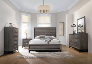 English Elm Carina Queen Bedroom Set Grey Oak Paneled Headboard Nickel Hardware Five Piece B062S00764