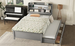 English Elm Full Size Wooden Led Platform Bed With Trundle, Storage Headboard & Usb Charging – Gray Finish N820S10009E