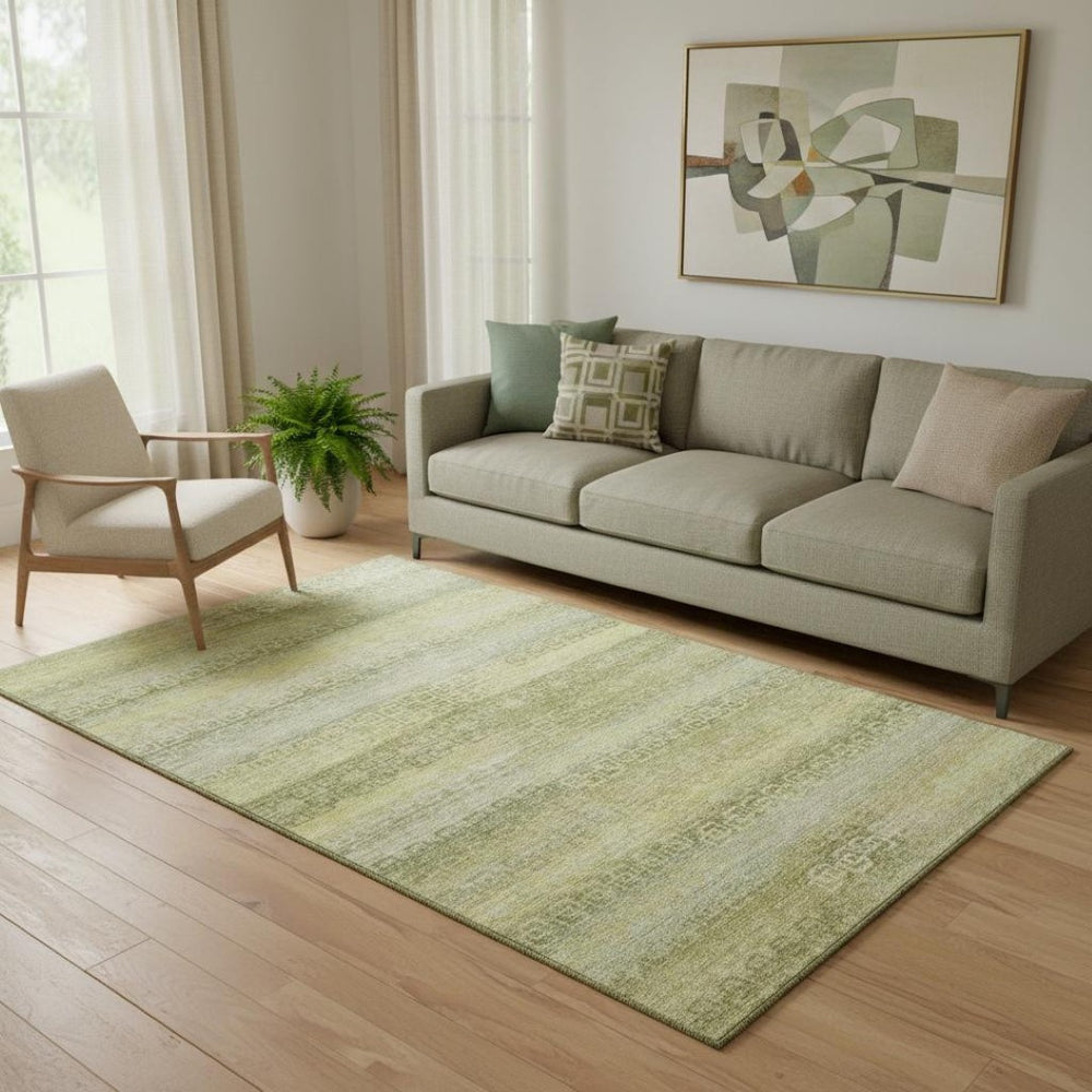 HomeRoots 8' Sage and Gold Striped Washable Round Rug – Durable, UV-Protected, Non-Slip Design for Homes! 715102