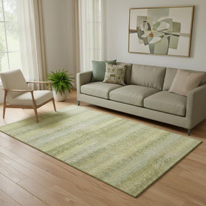 HomeRoots 8' Sage and Gold Striped Washable Round Rug – Durable, UV-Protected, Non-Slip Design for Homes! 715102