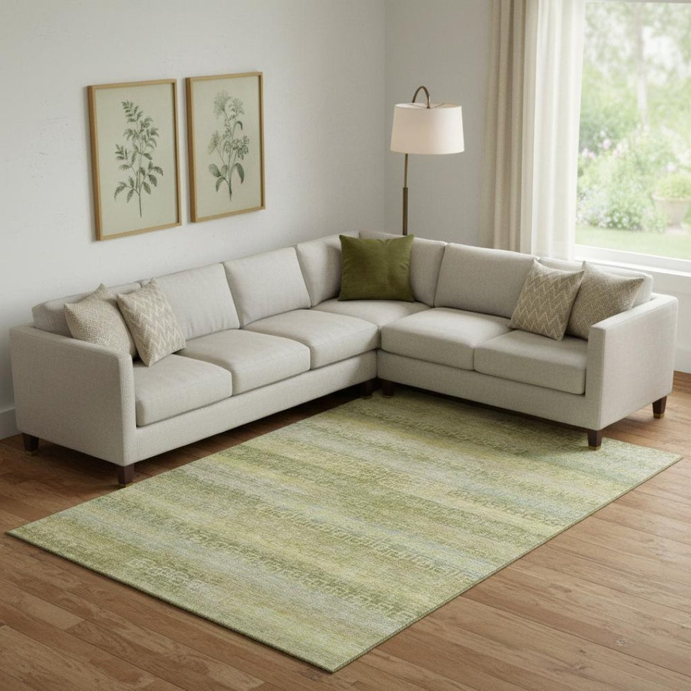 HomeRoots 9' X 12' Sage & Gold Striped Washable Area Rug - Durable, UV-Protected, Stylish for Every Space! 715104