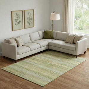 HomeRoots 9' X 12' Sage & Gold Striped Washable Area Rug - Durable, UV-Protected, Stylish for Every Space! 715104