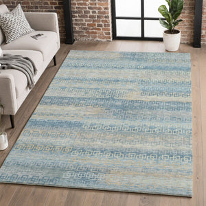HomeRoots 5' X 8' Teal And Beige Striped Area Rug - Washable, UV Protected, Stain Resistant for Busy Homes 715107