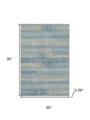 HomeRoots 5' X 8' Teal And Beige Striped Area Rug - Washable, UV Protected, Stain Resistant for Busy Homes 715107