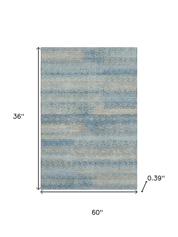 HomeRoots 5' X 8' Teal And Beige Striped Area Rug - Washable, UV Protected, Stain Resistant for Busy Homes 715107
