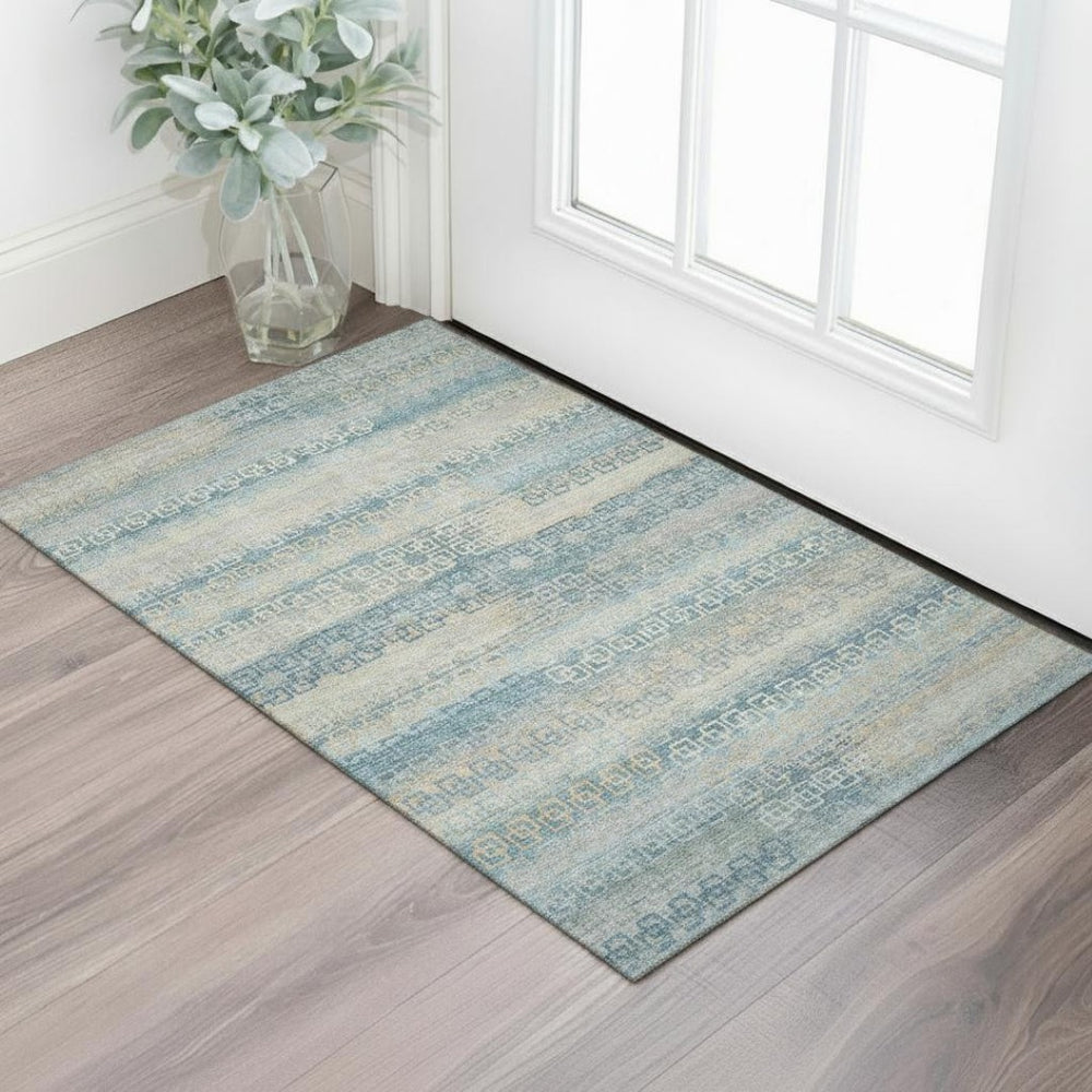 HomeRoots 5' X 8' Teal And Beige Striped Area Rug - Washable, UV Protected, Stain Resistant for Busy Homes 715107