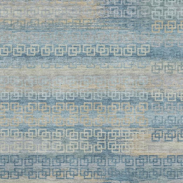 HomeRoots 8' Coastal Teal and Beige Striped Washable Round Rug with UV Protection for Family-Friendly Spaces 715108