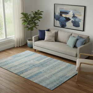 HomeRoots 8' Coastal Teal and Beige Striped Washable Round Rug with UV Protection for Family-Friendly Spaces 715108