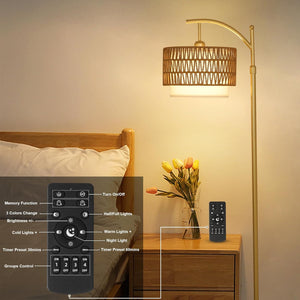 English Elm Gold Boho Floor Lamp with Remote Dimmable LED, Dual Rattan & Fabric Shades, Adjustable Arc Light Brown+Gold W2738P185403