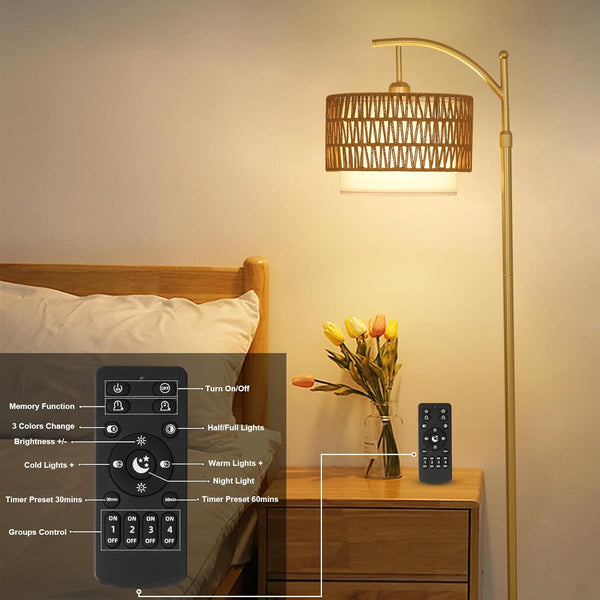 English Elm Gold Boho Floor Lamp with Remote Dimmable LED, Dual Rattan & Fabric Shades, Adjustable Arc Light Brown+Gold W2738P185403