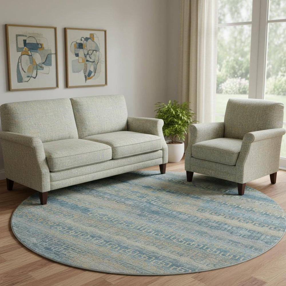 HomeRoots 8' X 10' Teal and Beige Striped Washable Area Rug with UV Protection for Stylish, Easy Care Living Spaces 715109