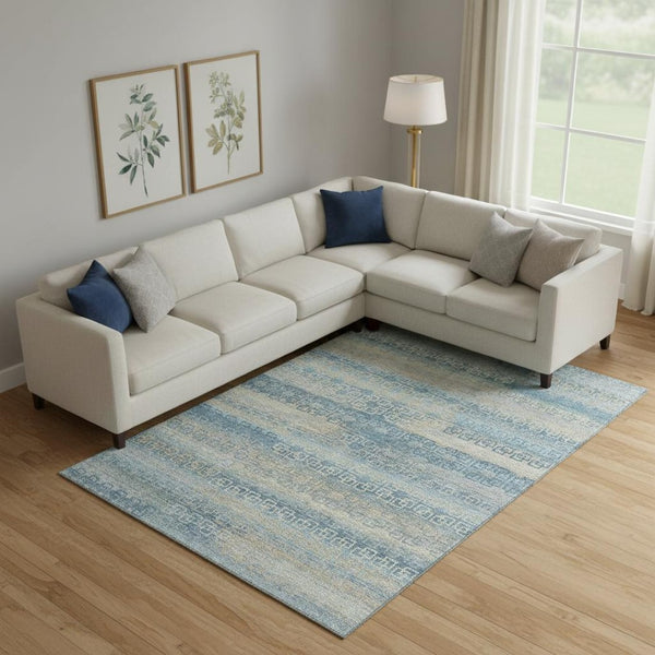 HomeRoots 9' X 12' Stylish Teal and Beige Striped Area Rug with UV Protection - Machine Washable & Durable! 715110