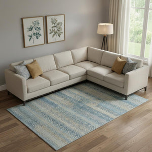 HomeRoots 10' X 14' Striped Washable Area Rug in Teal & Beige with UV Protection for Stylish Home Decor 715111