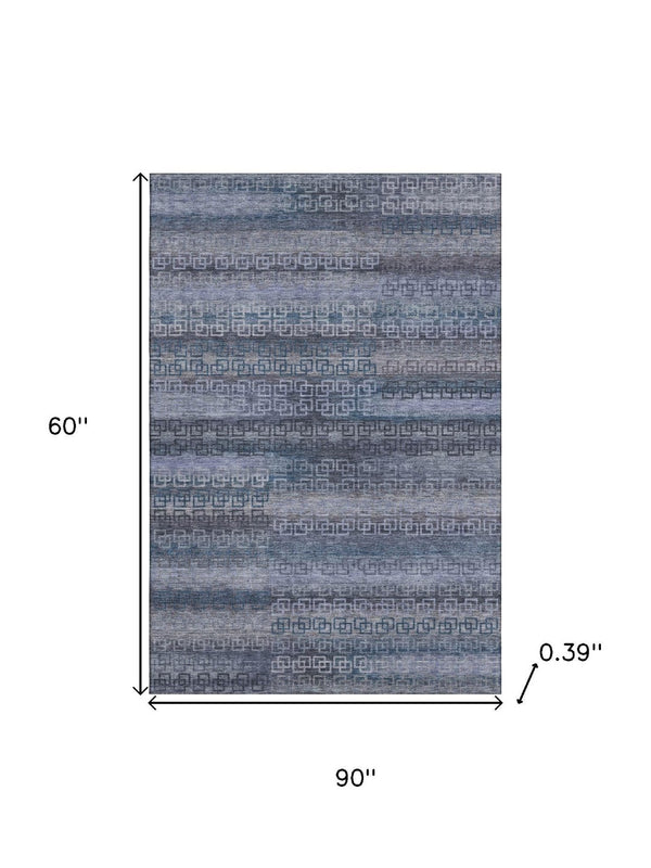 HomeRoots 8' Taupe and Blue Striped Round Rug - Washable, UV-Protected, Durable for High-Traffic Areas 715114