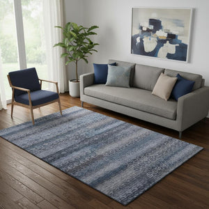 HomeRoots 8' Taupe and Blue Striped Round Rug - Washable, UV-Protected, Durable for High-Traffic Areas 715114