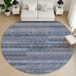 HomeRoots 8' X 10' Taupe and Blue Striped Washable Area Rug - Durable, UV-Protected, Stain Resistant & Stylish! 715115