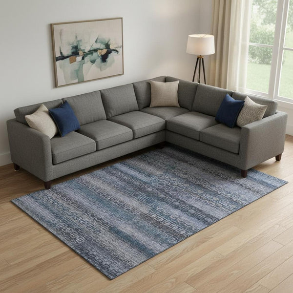 HomeRoots 9' X 12' Taupe and Blue Striped Washable Area Rug - UV Protected, Durable, Easy Care for Homes 715116