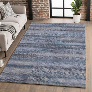 HomeRoots 9' X 12' Taupe and Blue Striped Washable Area Rug - UV Protected, Durable, Easy Care for Homes 715116