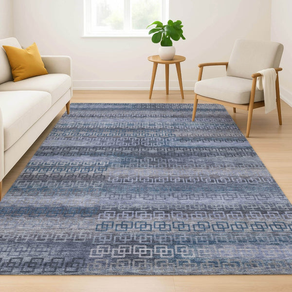 HomeRoots 9' X 12' Taupe and Blue Striped Washable Area Rug - UV Protected, Durable, Easy Care for Homes 715116