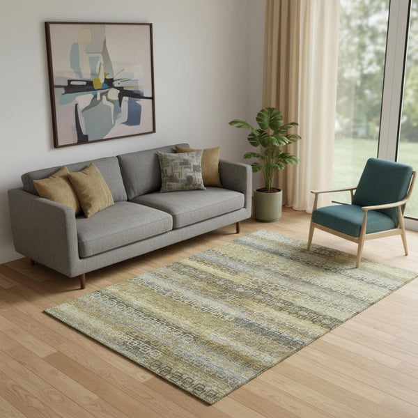 HomeRoots 8' Wheat and Brown Striped Washable Round Rug – Stain Resistant, UV Protected, Perfect for High-Traffic Areas 715120