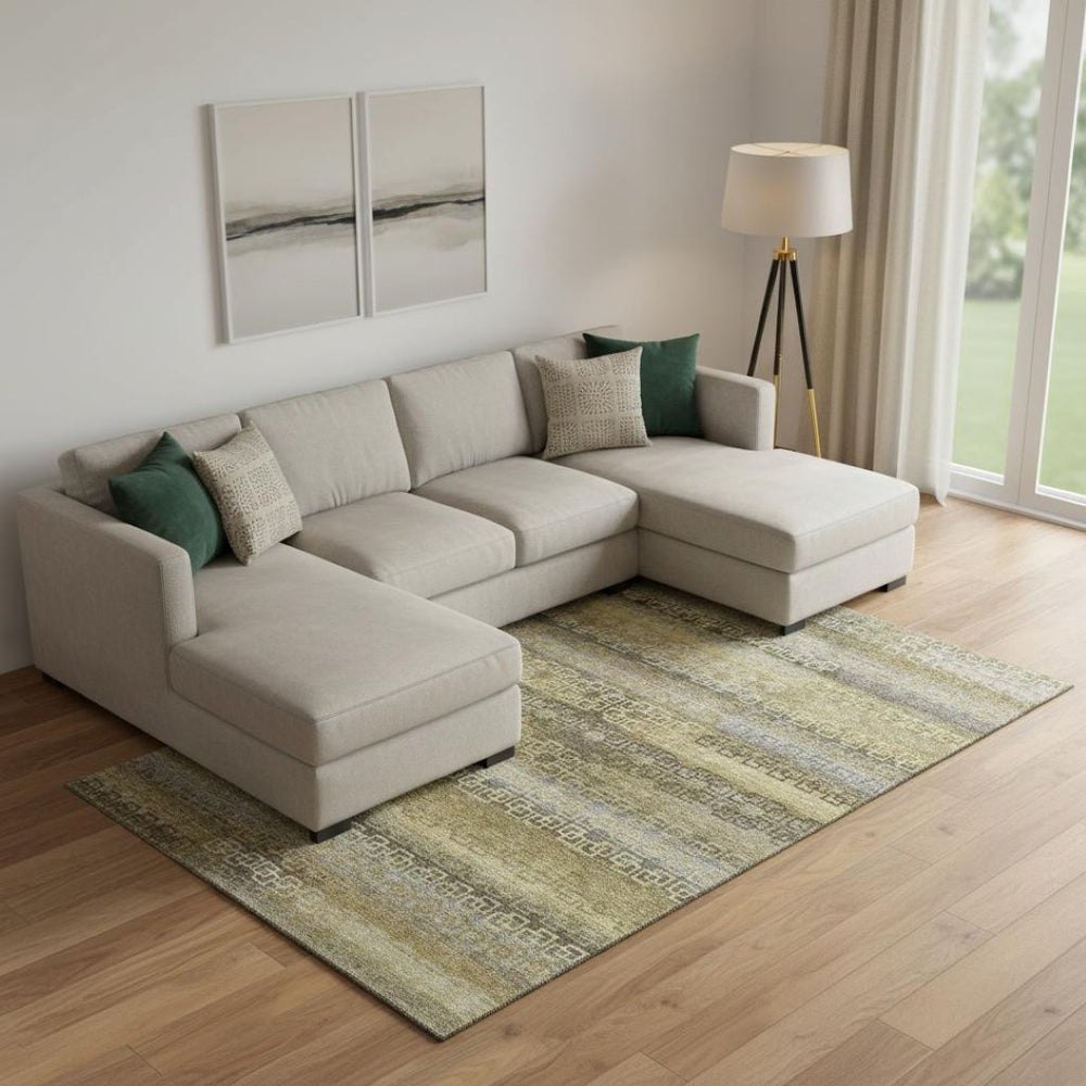 HomeRoots 9' X 12' Striped Washable Area Rug in Wheat & Brown - UV Protection, Durable, Family-Friendly Design! 715122