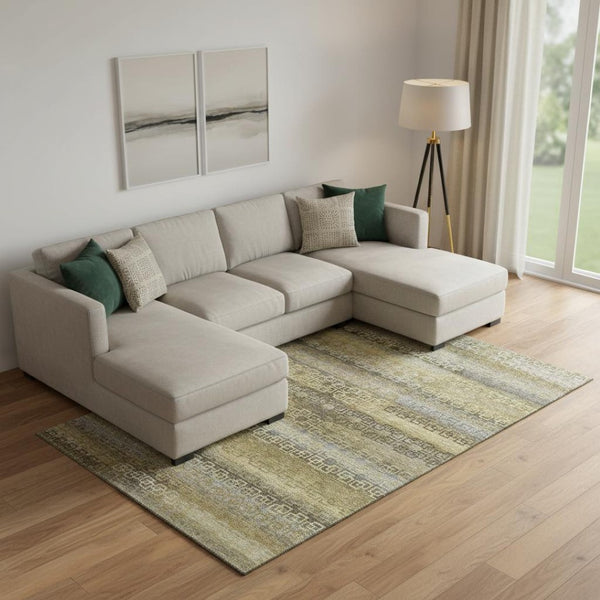 HomeRoots 9' X 12' Striped Washable Area Rug in Wheat & Brown - UV Protection, Durable, Family-Friendly Design! 715122