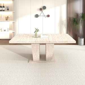 English Elm Rectangular extendable dining table with veined travertine top, beige MDF, sturdy wide feet, 6-10 seats W1347S00018