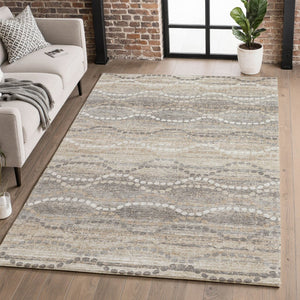 HomeRoots 8' Beige and Ivory Abstract Geometric Round Rug - Washable, UV-Protected, and Pet-Friendly Design 715264