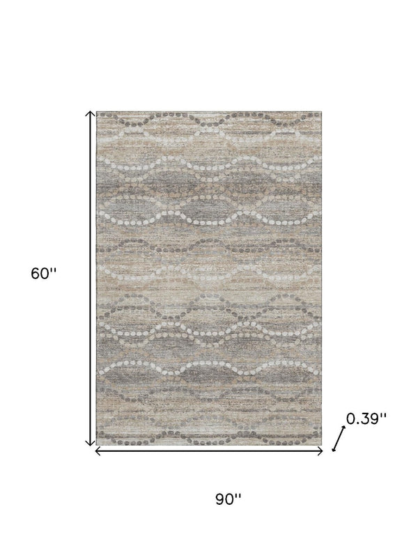 HomeRoots 8' Beige and Ivory Abstract Geometric Round Rug - Washable, UV-Protected, and Pet-Friendly Design 715264