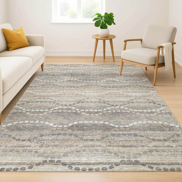HomeRoots 8' Beige and Ivory Abstract Geometric Round Rug - Washable, UV-Protected, and Pet-Friendly Design 715264