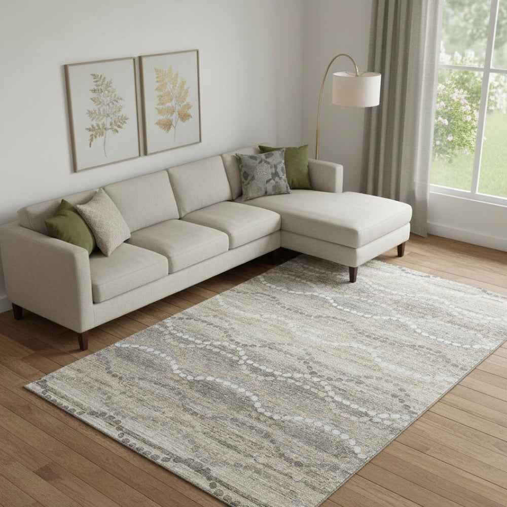 HomeRoots 9' X 12' Beige & Ivory Abstract Geometric Area Rug — Washable, UV Protected, Stain Resistant Design! 715266