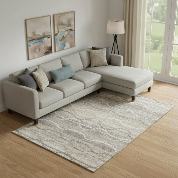 HomeRoots 10' X 14' Beige and Ivory Abstract Geometric Area Rug - Washable, UV Protected, Pet-Friendly Design 715267