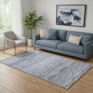 HomeRoots 8' Blue and Ivory Abstract Geometric Round Rug – Washable, Stain-Resistant, UV Protected Comfort 715270