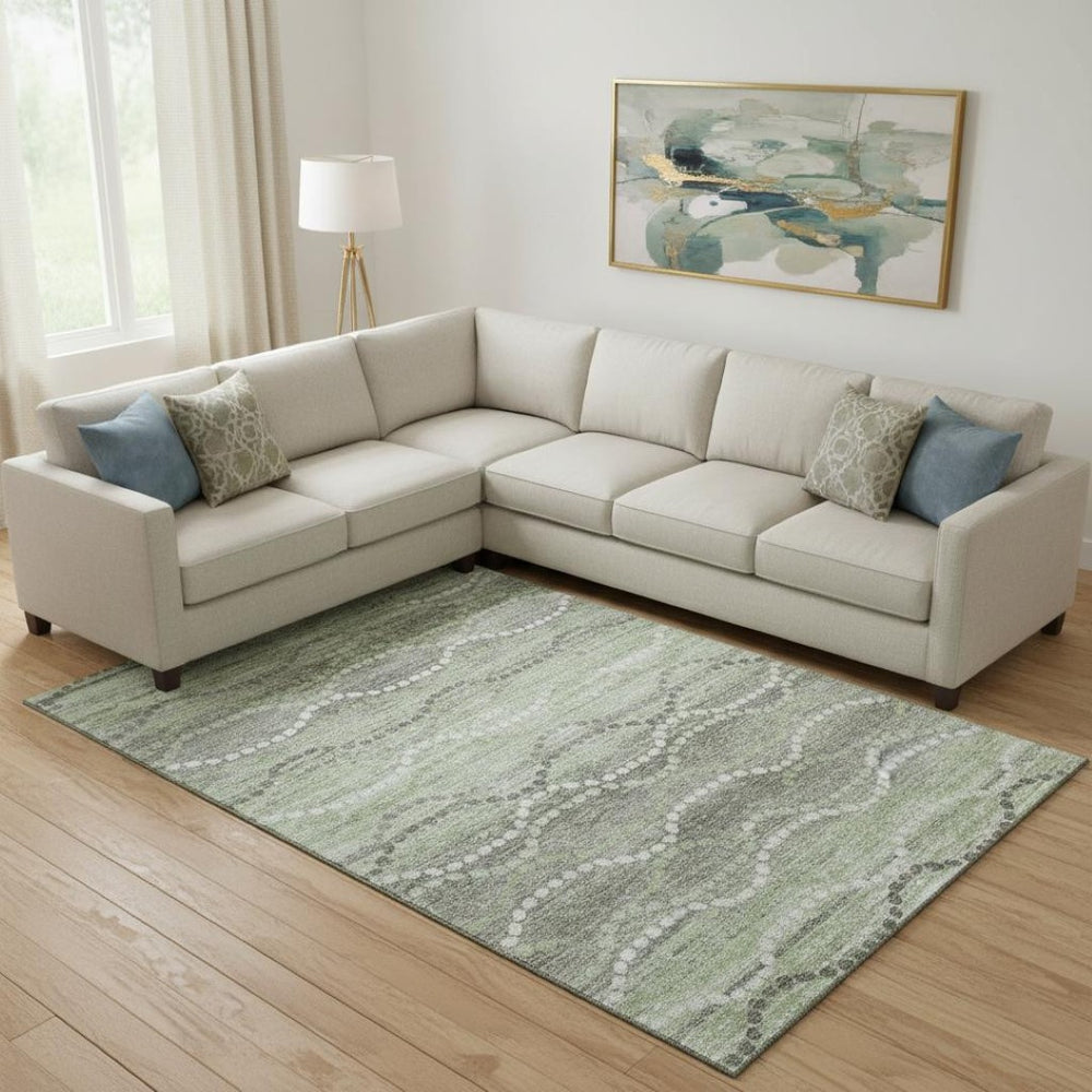 HomeRoots 9' X 12' Green and Ivory Abstract Geometric Area Rug - Washable, UV-Protected, and Stain-Resistant! 715278