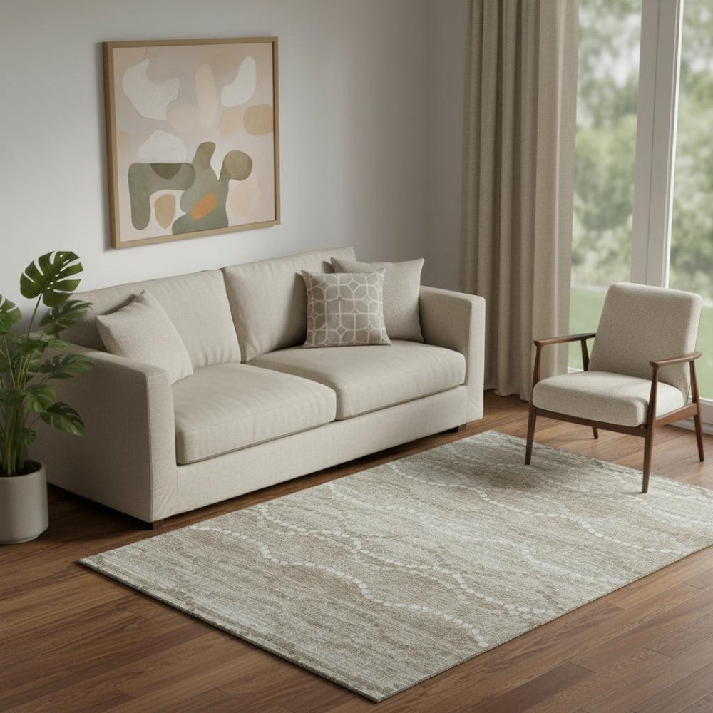 HomeRoots 8' Stylish Khaki and Ivory Abstract Geometric Washable Round Rug with UV Protection for Homes 715282