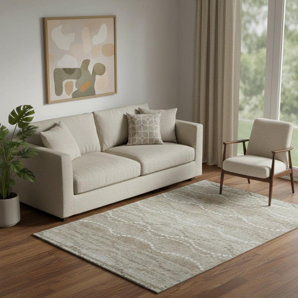 HomeRoots 8' Stylish Khaki and Ivory Abstract Geometric Washable Round Rug with UV Protection for Homes 715282